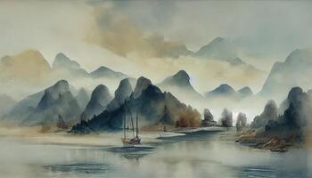 Fog and dark clouds in mountains. photo