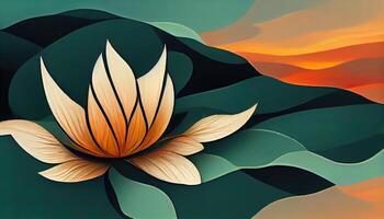 Beautiful lotus with green leafs in pond against sunset sky. photo