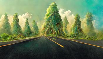 país la carretera y verde arboles en verano. 3d ilustración de un pedazo de verde tierra aislado. generativo ai foto