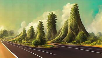 3d illustration of piece of green highway road isolated, creative travel and tourism off-road design trees. photo