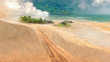 Amazing 3d illustration of off-road advertisement, tropical beach off-road isolated. photo