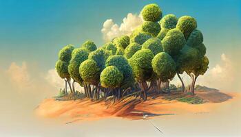 3d illustration of piece of green land isolated, creative travel and tourism off-road design trees. photo