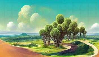 3d illustration of piece of green land isolated, creative travel and tourism off-road design trees. photo