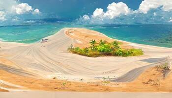 Colored summer camping poster with realistic vehicle on the sunny beach close to ocean. photo