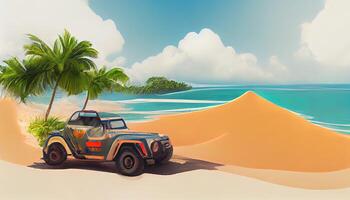 Colored summer camping poster with realistic vehicle on the sunny beach close to ocean. photo