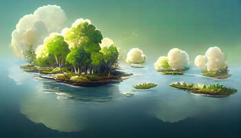 Floating islands with trees, round shape, Lake river in the sky World Environment Day. photo