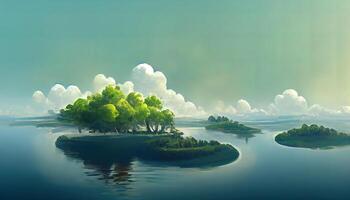 flotante islas con árboles, redondo forma, lago río en el cielo mundo ambiente día. generativo ai foto