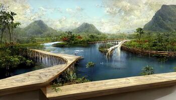 Tropical view with waterfall and 3D rendering, Detailed, colored. photo