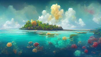 Tropical island. Seaside panorama. Digital art. Blue water. Pacific atoll. photo