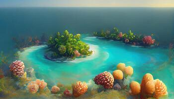 Tropical island within atoll in tropical Ocean and wonderful and beautiful underwater world with corals. photo