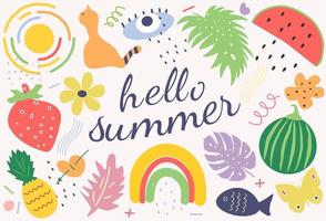 Hello Summer poster, banner. Summer elements and illustrations in vibrant bright colors.Easy editable for Your design. vector