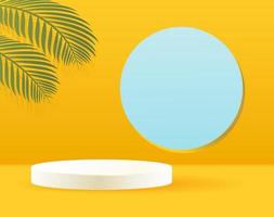 Round podium for a product on a yellow background with a round window and leaves. Product presentation, mockup, show product, podium, stage pedestal or platform. 3d vector