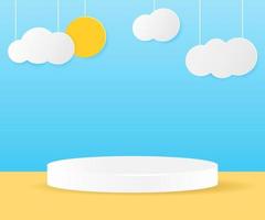 3D paper cut of Summer season . Sun and clouds on blue sky background with circular stage podium for products display presentation. Vector illustration