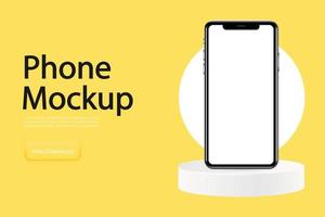 Realistic smartphone on the podium, smartphone mockup in a circle on a yellow background. Vector image. Neomorphism . Illustration of device 3d screen