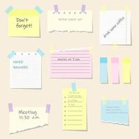 Notes paper sheets attached with adhesive tape. Meeting reminder, to-do list and memo notice, letter on piece of paper, notepad or notebook page with torn sides and stickers 3d realistic vector set