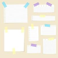 Set of torn white note, notebook lined and blank paper pieces stuck on light brown background. Vector