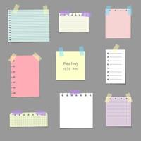 Multicolored notes paper sheets attached with adhesive tape. Meeting reminder, to do list and memo notice. vector