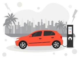 Electric red car charging its battery with natural landscape, concept illustration for ecology, sustainability, clean air, future. Vector illustration in flat style.