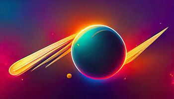 Colorful bright 3d planet with glowing neon rings. photo