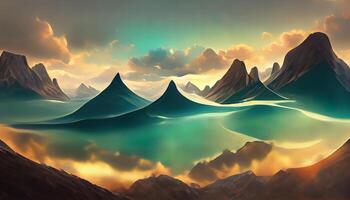 3d render. Abstract surreal seascape background with rocky mountains and mirror arches. photo