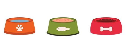 Collection Of Colorful Pet Bowls With Food And Water. Vector Flat Illustration