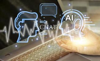 Hand touch Digital chatbot to access data and information in online network. Robot Applications and Global Connectivity AI Artificial Intelligence innovation and technology photo
