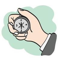 closeup hand holding compass illustration vector hand drawn isolated on white background line art.