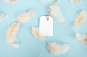 blanco blanco etiqueta con plumas. rosado plumas en un azul antecedentes. precio etiqueta diseño foto