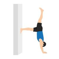 medio parada de manos a muro, lado tablón variación medio parada de manos a pared. hombre práctica kapinjalasana, vasisthasana variación mano a dedo del pie rodilla doblado. vector