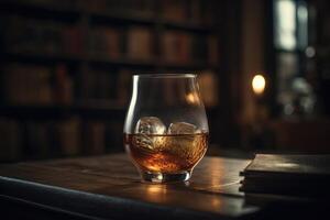 Rich whiskey in a glass, poised elegantly on a wooden table. photo