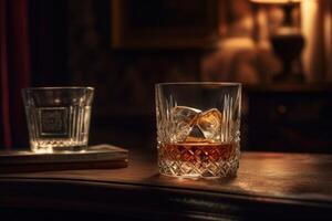 Rich whiskey in a glass, poised elegantly on a wooden table. photo