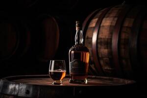 Whiskey bottle takes center stage before an aged barrel, evoking tradition. photo