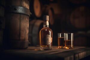 Whiskey bottle takes center stage before an aged barrel, evoking tradition. photo