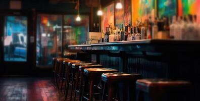 Dimly lit pub interior evokes warmth, with its bar counter and wooden chairs. photo