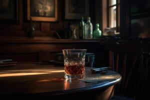 Rich whiskey in a glass, poised elegantly on a wooden table. photo