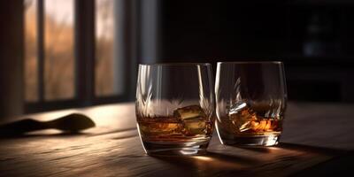 Rich whiskey in a glass, poised elegantly on a wooden table. photo