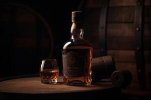 Whiskey bottle takes center stage before an aged barrel, evoking tradition. photo