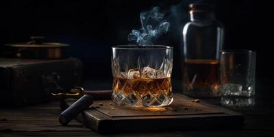 Rich whiskey in a glass, poised elegantly on a wooden table. photo