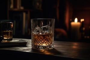 Rich whiskey in a glass, poised elegantly on a wooden table. photo