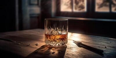 Rich whiskey in a glass, poised elegantly on a wooden table. photo