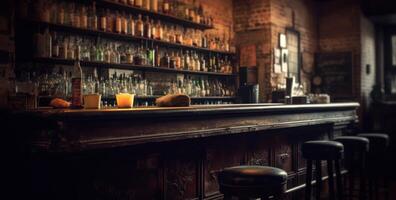 Dimly lit pub interior evokes warmth, with its bar counter and wooden chairs. photo