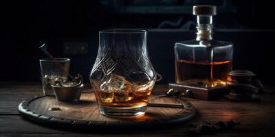 Rich whiskey in a glass, poised elegantly on a wooden table. photo