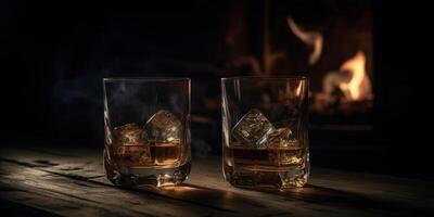 Rich whiskey in a glass, poised elegantly on a wooden table. photo