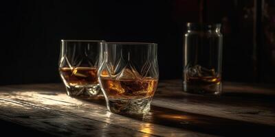 Rich whiskey in a glass, poised elegantly on a wooden table. photo