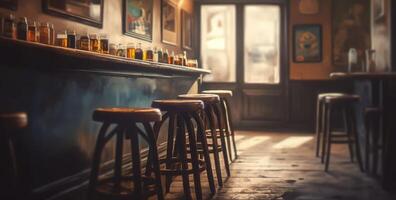 Dimly lit pub interior evokes warmth, with its bar counter and wooden chairs. photo