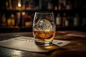 Rich whiskey in a glass, poised elegantly on a wooden table. photo