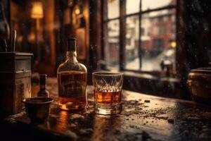 Rich whiskey in a glass, poised elegantly on a wooden table. photo