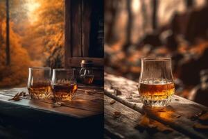 Rich whiskey in a glass, poised elegantly on a wooden table. photo