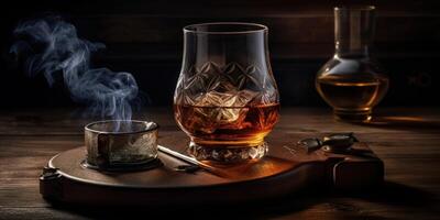 Rich whiskey in a glass, poised elegantly on a wooden table. photo