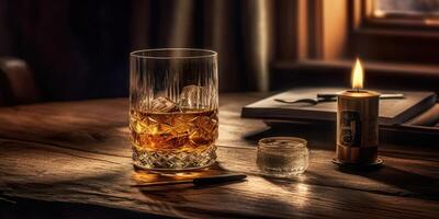 Rich whiskey in a glass, poised elegantly on a wooden table. photo